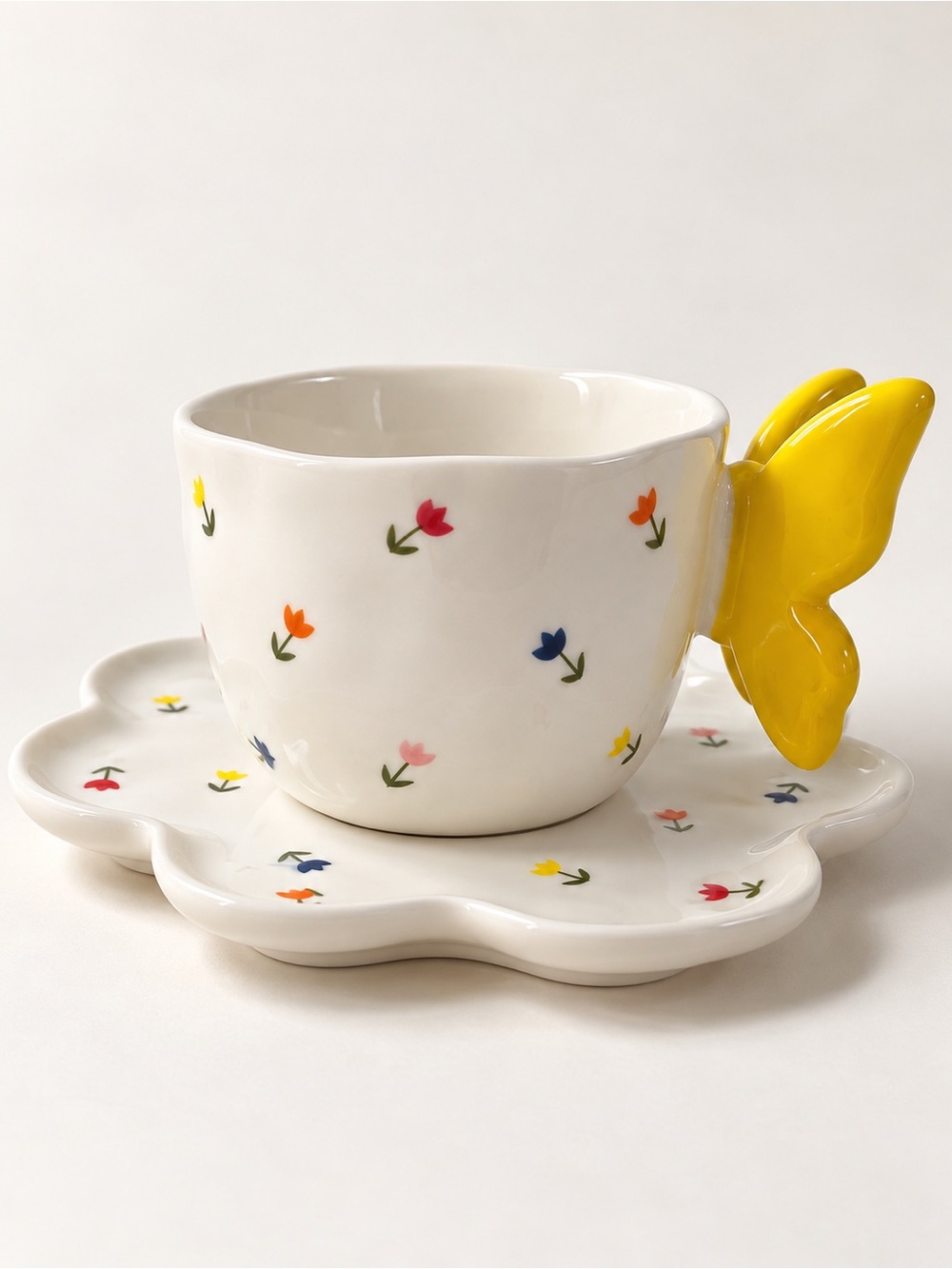 Butterfly Handle Teacup & Flower Saucer Set – Floral Ceramic Mug
